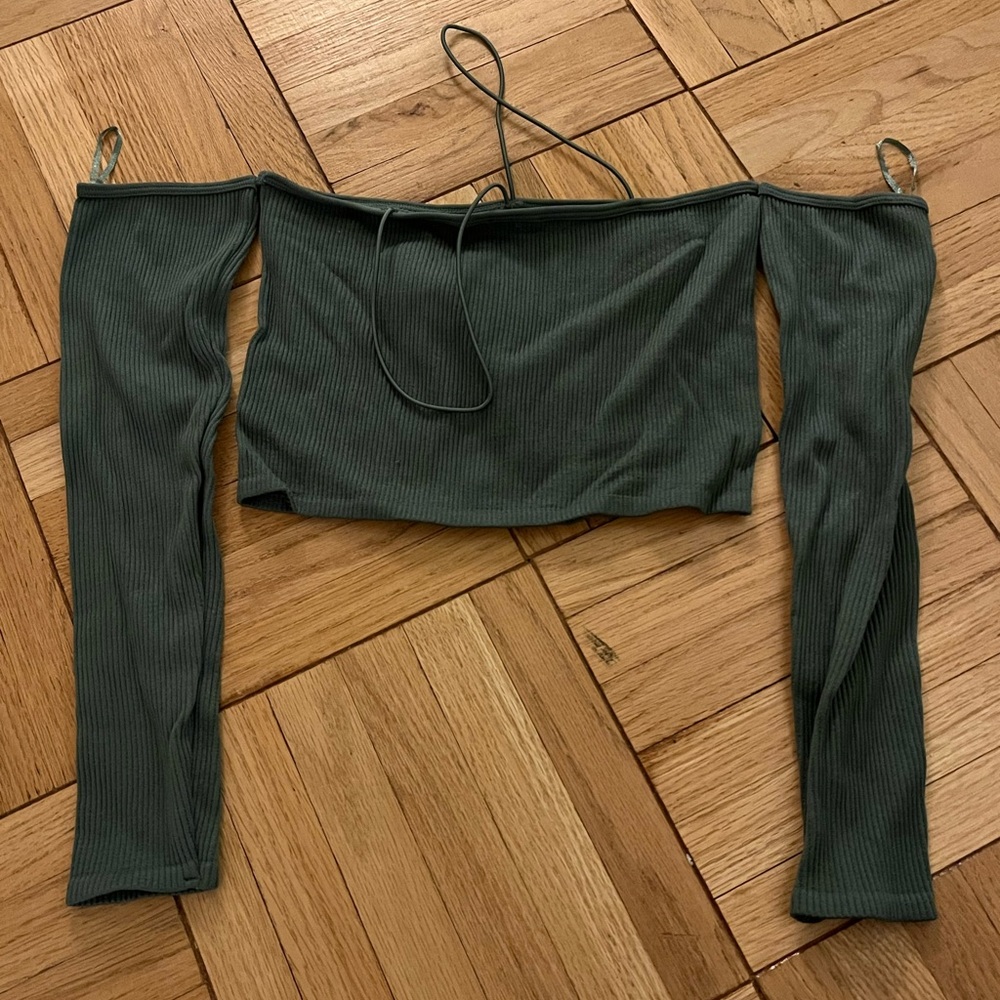 Off-Shoulder Ribbed Green Top